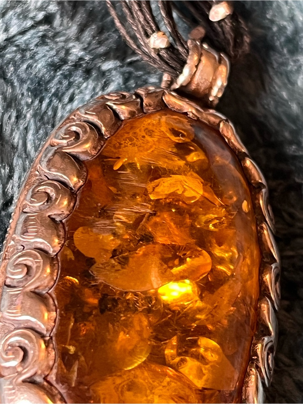 Gold Tone Baltic Amber/Silver Oval Pendant Necklace with Black Multi-Strand Cord - Picture 8 of 11